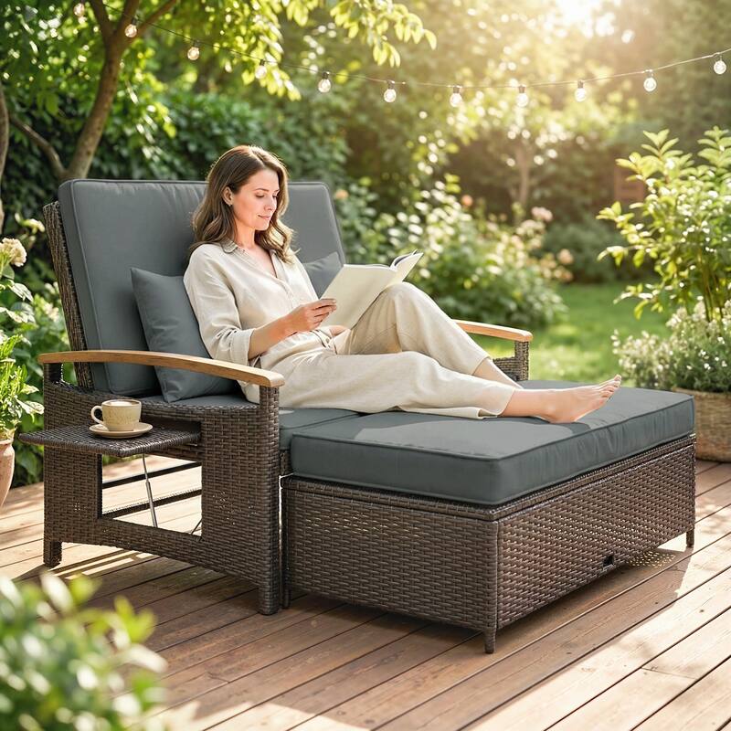 Outsunny Rattan Outdoor Daybed w/4-Level Adjustable Backrest, Patio Sofa Bed w/Loveseat, Storage Ottoman, Acacia Wood Armrest - MIX