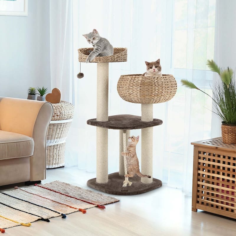 41'' Hand-Made Cat Tree Tower Natural Bowl Shaped w/ 2 Perch