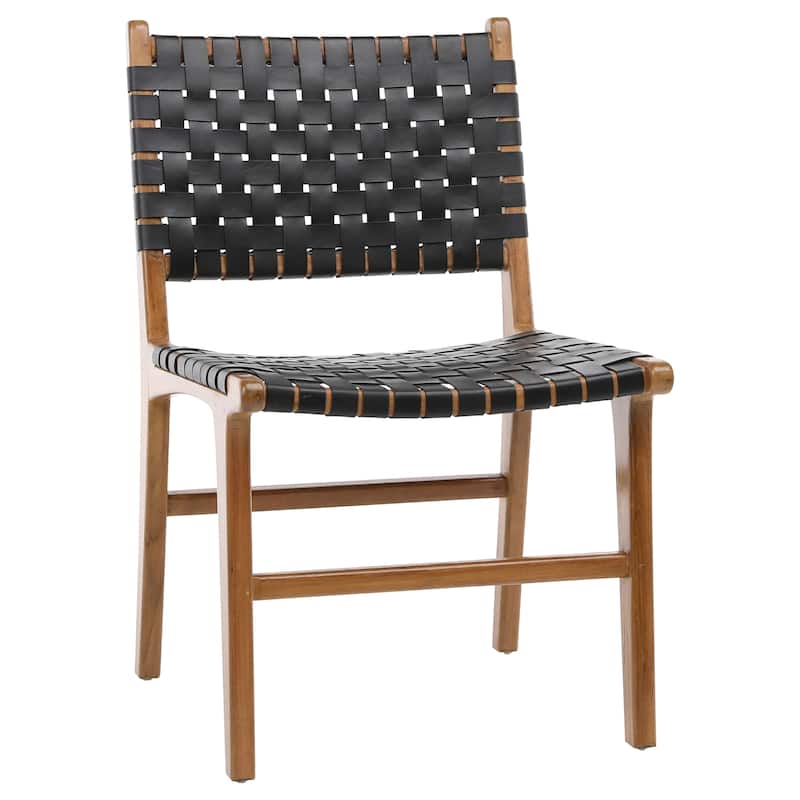 Maverick Top Grain Woven Leather with Teak Frame Dining Side Chair - Black Leather with Light Frame