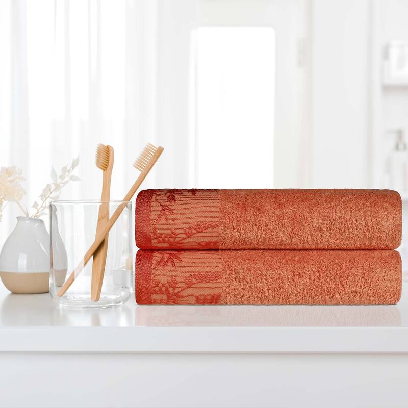 Superior Wisteria Cotton Floral Jacquard Border Bath Towel Set - Mandarian
