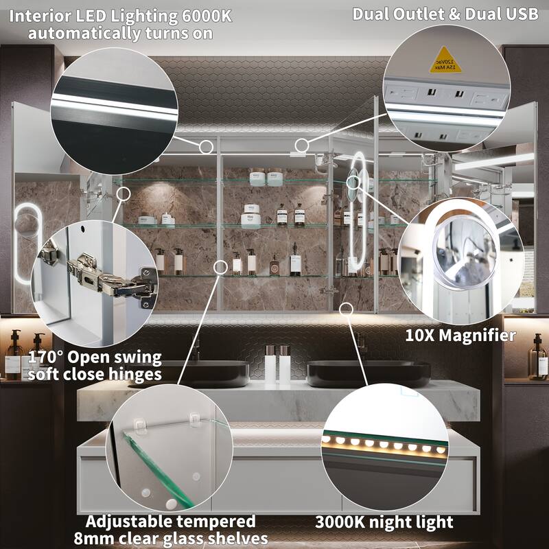 36'' H Recessed or Surface Mounted Bathroom LED Mirror Cabinet With Defogger, Dimmer, 10x magnifying
