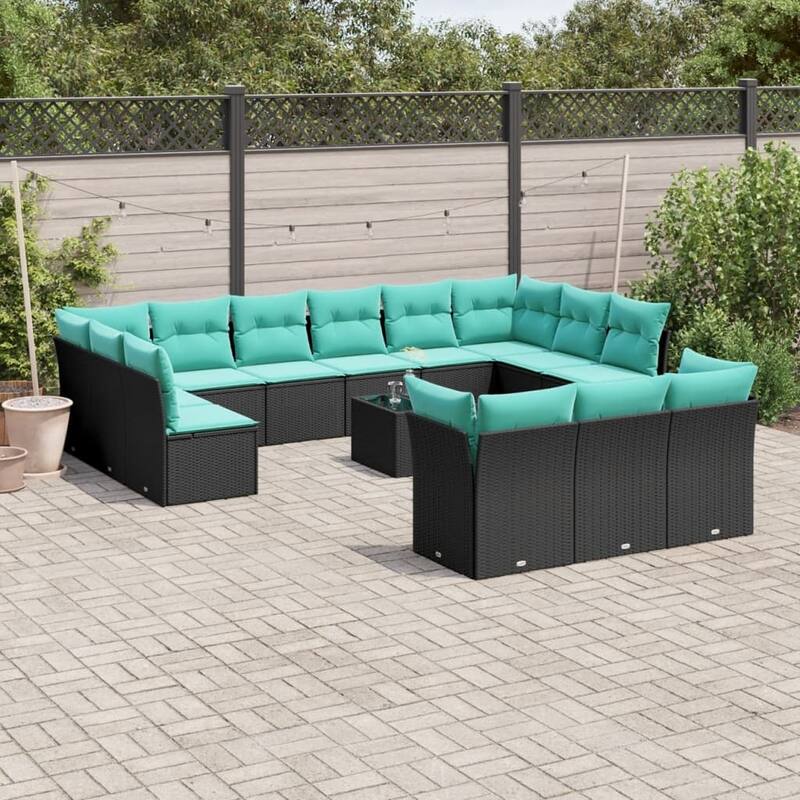 vidaXL 13 Piece Patio Sofa Set with Cushions Black Poly Rattan - Black - 24.4x27.2x24.4-With table