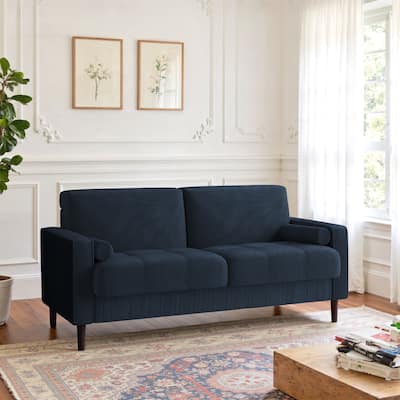 Modern Corduroy Upholstered Loveseat with Bolster Pillows and Wood Legs