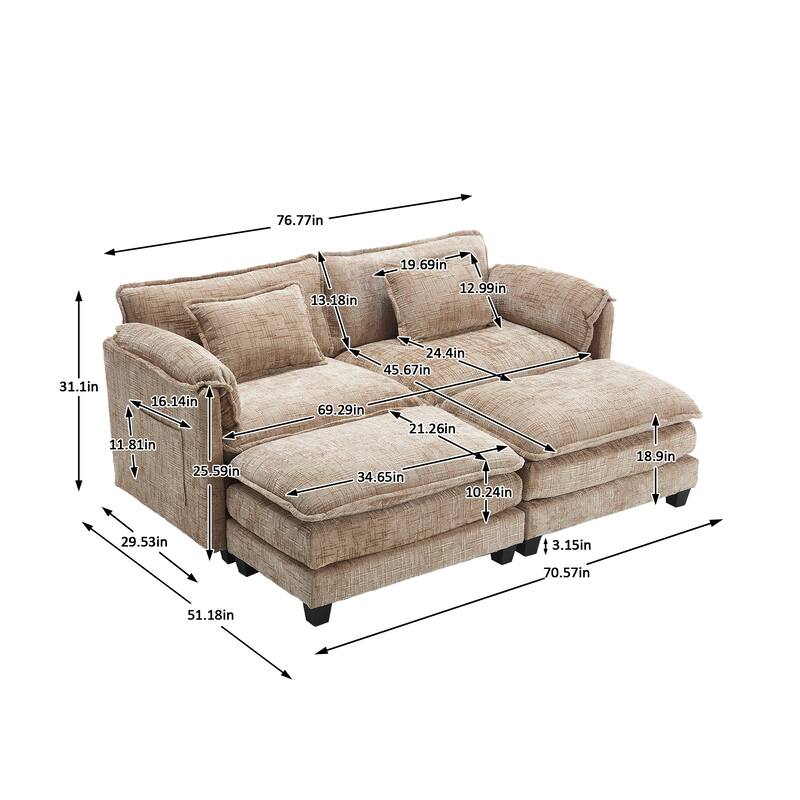 Chenille Sleeper Sofa Bed Deep Seat Loveseat Sectional Couch with Ottomans Chaise Lounge, Detachable Armrests and Side Pockets