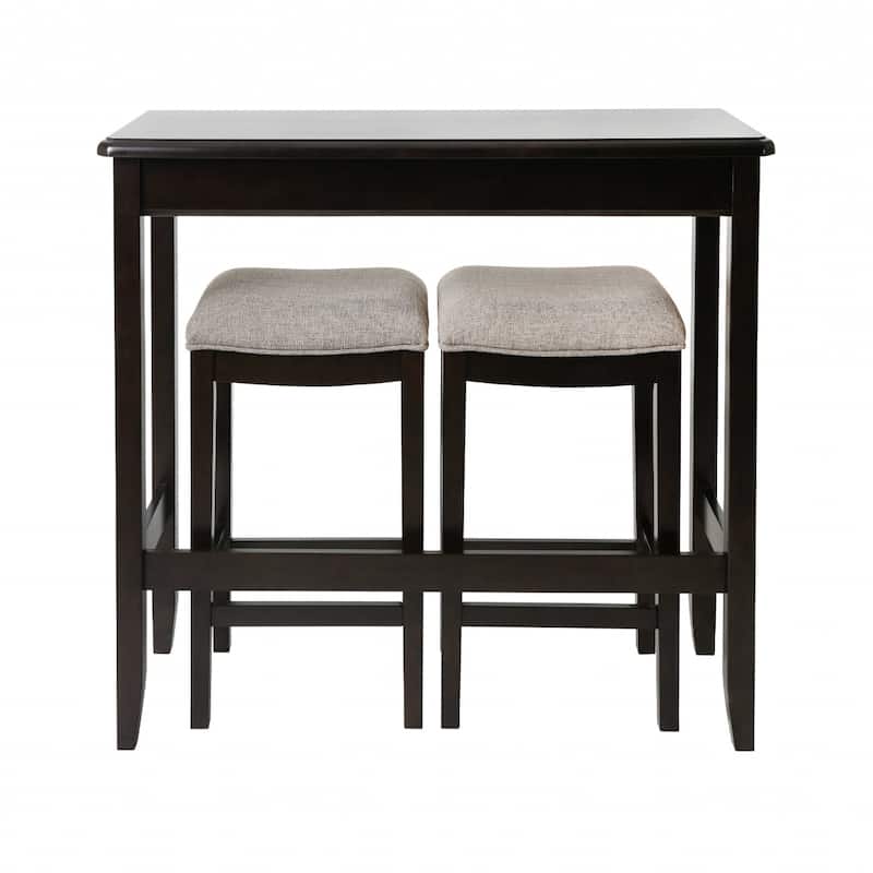 Dark Brown Wood Tall Backless Bar Chairs with Grey Upholstered Seat with Table Set of 3 - 18.5" x 48.5" x 36.5" (D x W x H)