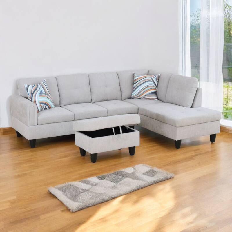 KISRAIS 97" Wide 3-Piece Upholstered Sectional Sofa Set for Small Spaces - Grey White Flannel - Right Facing