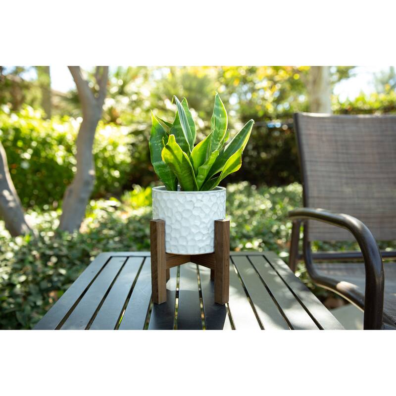 Mid-Century 5.5" Beehive Ceramic Planter on Wood Stand,Cream