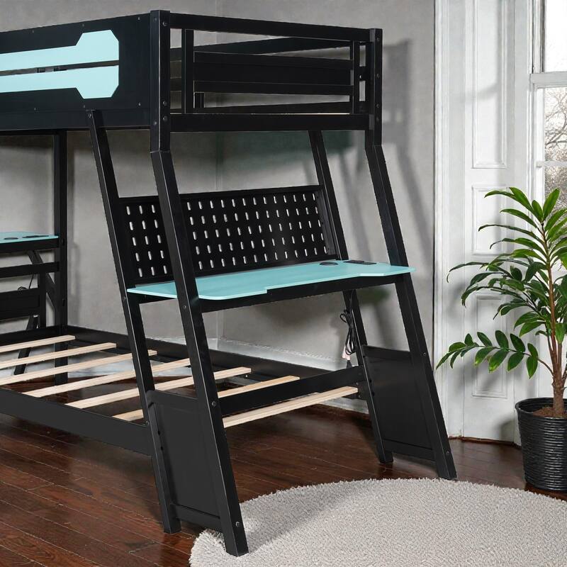 Twin/Full Gaming Bunk Bed with Dual Desks, USB Charging Ports and Pegboard Organizer, Gamer Bunk Frame