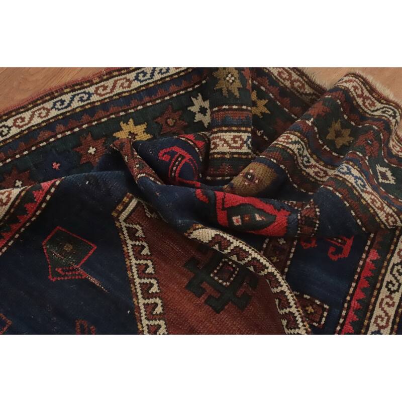 Hand Knotted Oriental 100% Wool Carpet Traditional Tribal Navy Blue & Blues Kazak Runner Rug - 6' 7'' X 3' 5''