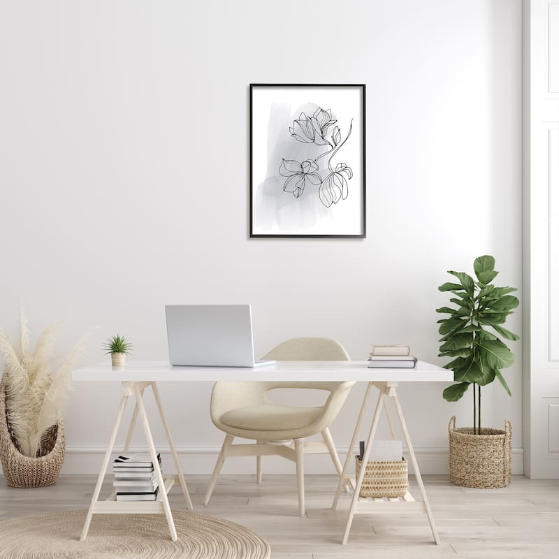 Stupell Lily Floral Line Drawing over Abstract Brush Pattern Framed Wall Art - Black