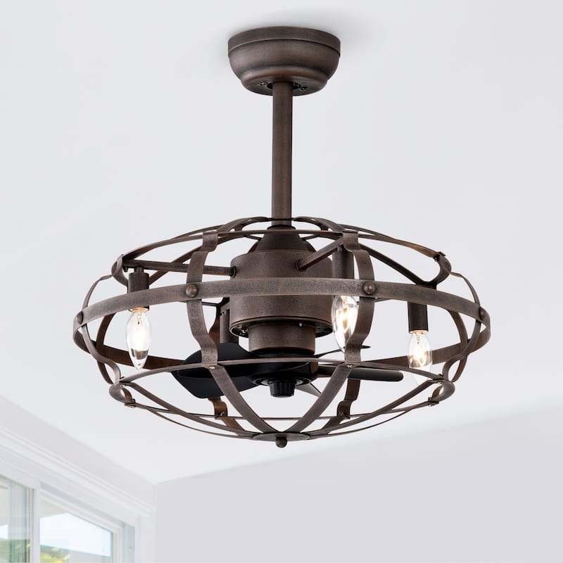 18 inch Low Profile Small Caged Ceiling Fan with Remote Control, 6 Speed Industrial Ceiling Fan Light Kit - Tan