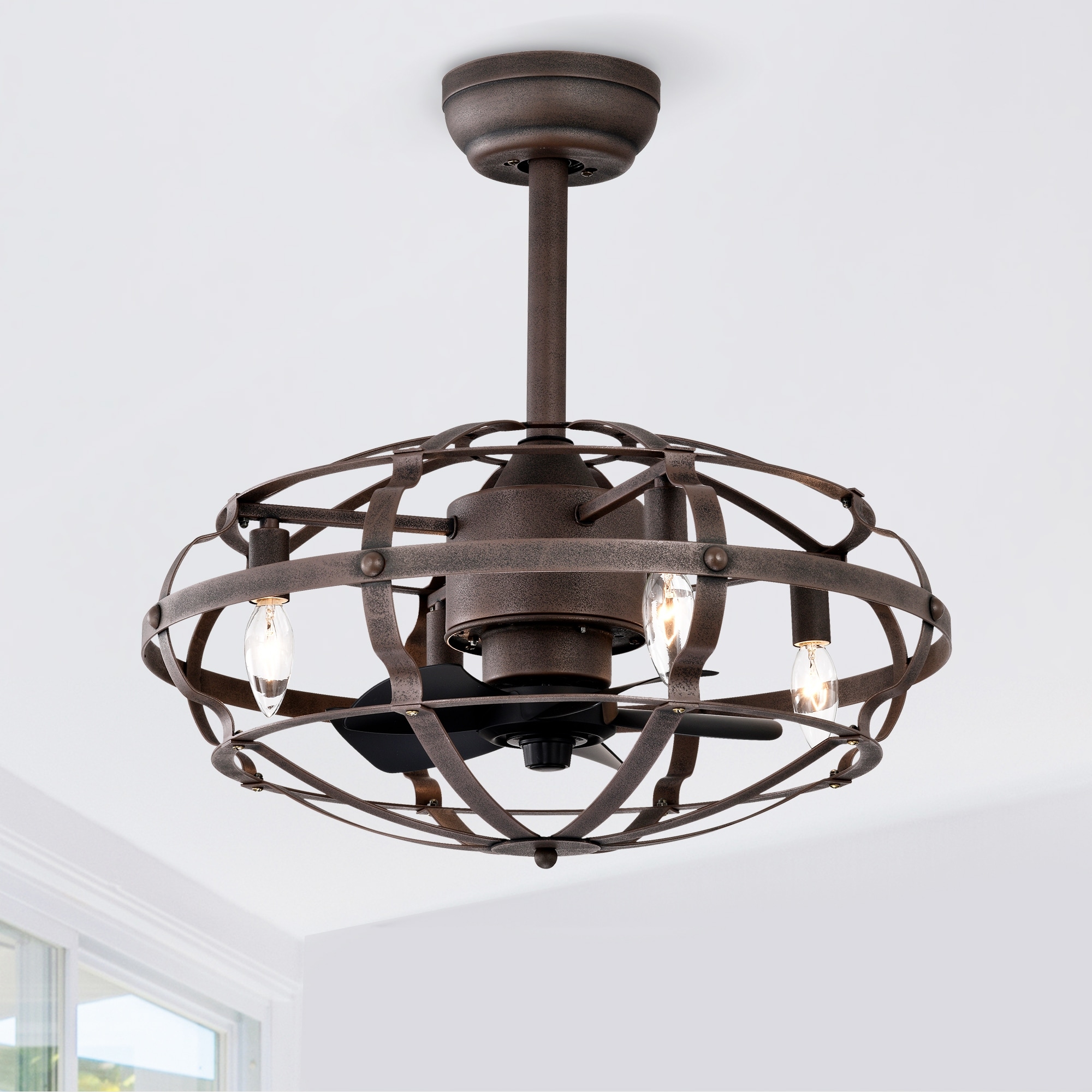 20.6'' Industrial Caged Ceiling Fan with Lights and Remote Control, Farmhouse 3 Speeds Silent AC Motor Fandelier Ceiling Fan