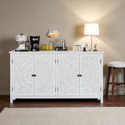 60" White Accent Sideboard Buffet Cabinet with 4 Doors, Rustic Wood Pantry Storage Cabinet for Entryway, Dining Room, Kitchen