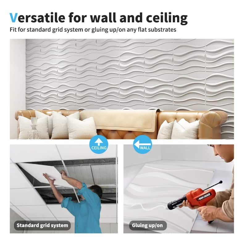White PVC 3D Panel for Interior Wall Decor, Wavy Textured Tile,19.7 x 19.7in.(32 sq.ft/box) - N/A