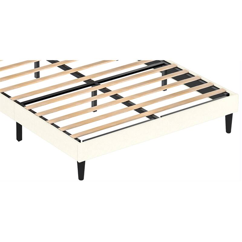 Upholstered platform bed frame with headboard and sturdy wooden slats