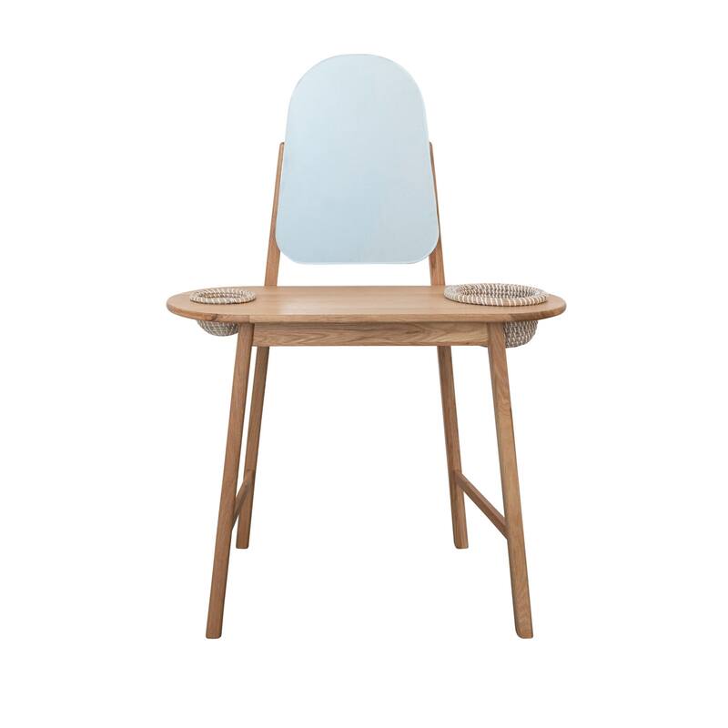 Oak Wood and MDF Vanity Table with Mirror and 2 Hand-Woven Rattan Baskets