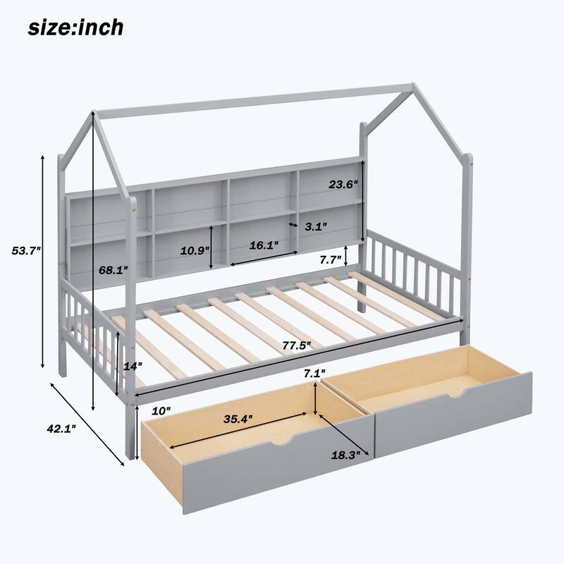 Comfortable Wooden House Bed with 2 Drawers,Kids Bed with Storage Shelf