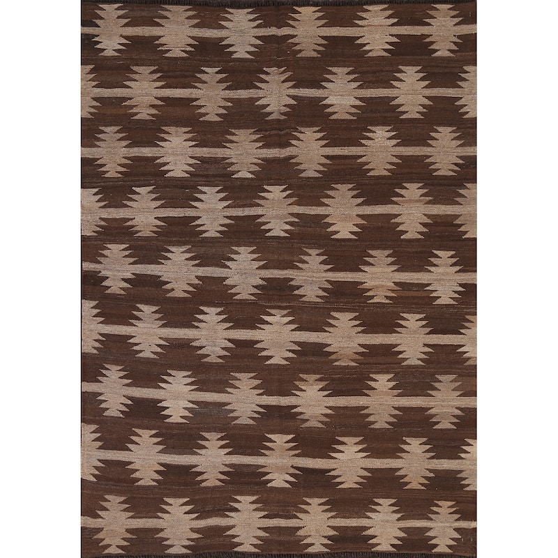 Natural Dye Brown Kilim Oriental Area Rug Wool Hand-woven Foyer Carpet - 5'3" x 6'8"