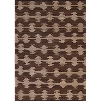 Natural Dye Brown Kilim Oriental Area Rug Wool Hand-woven Foyer Carpet - 5'3" x 6'8"