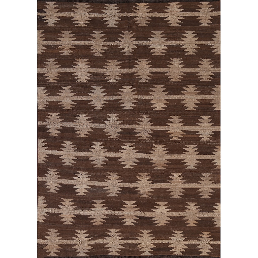 Natural Dye Brown Kilim Oriental Area Rug Wool Hand-woven Foyer Carpet - 5'3" x 6'8"