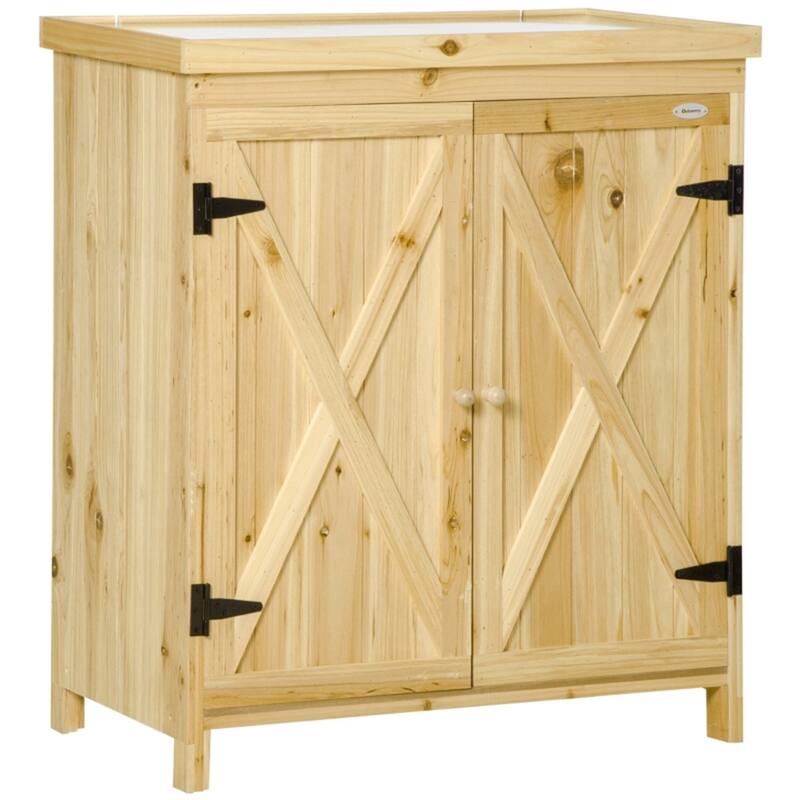 Natural Fir Wood Garden Storage Cabinet with Galvanized Steel Top Double Door Closet and Outdoor Tool Storage