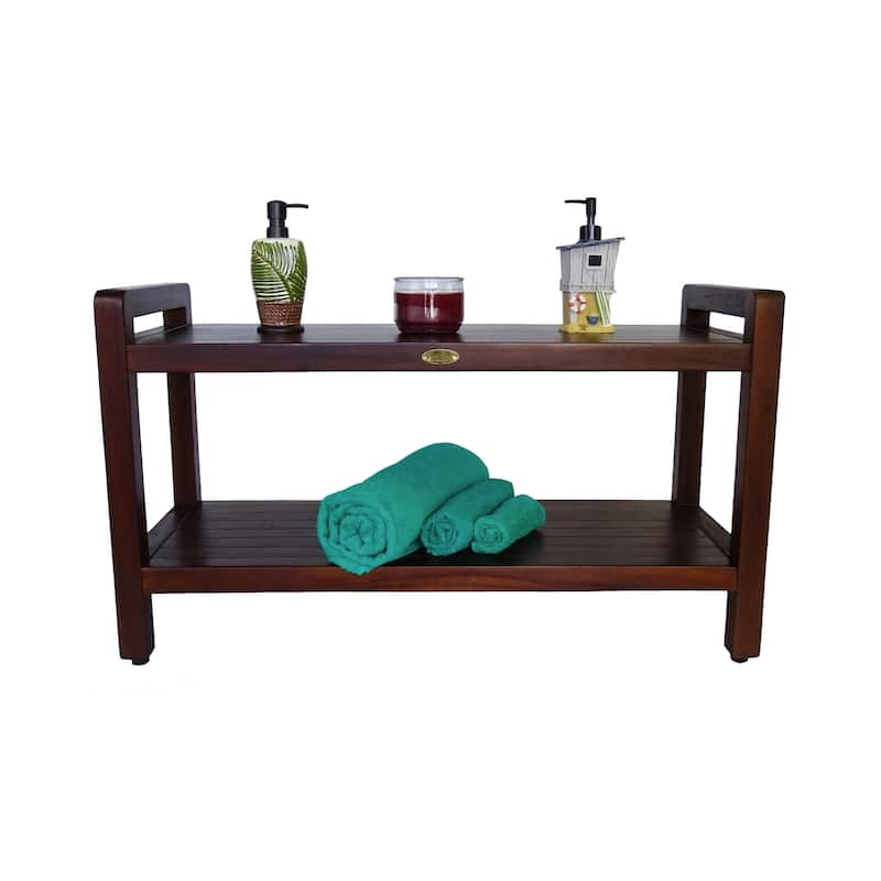 DecoTeak Eleganto 35" Extended Length Solid Teak Shower Stool With LiftAide Arms And Shelf - WoodLand Brown Finish