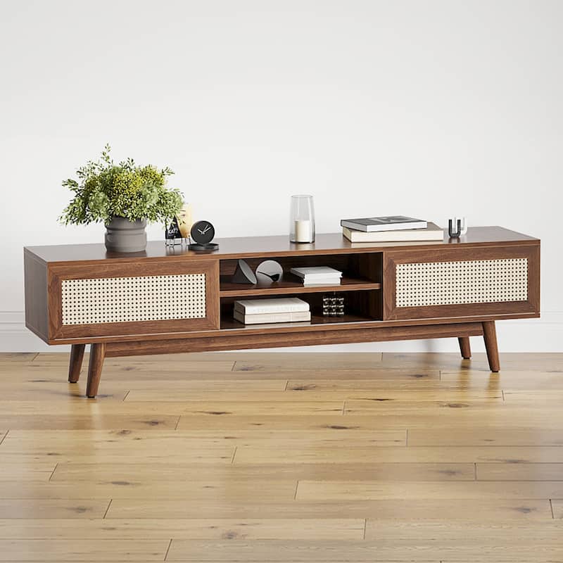 PE Rattan TV Stand with Open Storage & Cabinet, Mid Century Modern Entertainment Center with Cable Management, Walnut