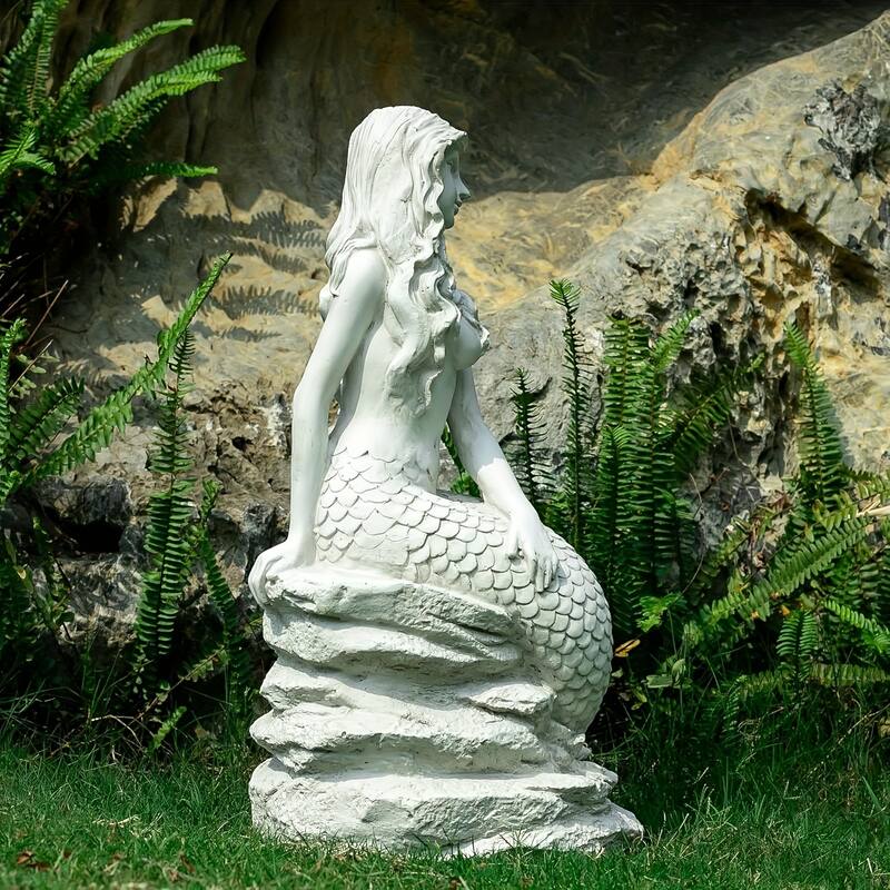 20"H Mermaid on Ocean Rock Garden Statue Resin Sculpture Large Mermaid Figurine Collectible Nautical Fairy Tale