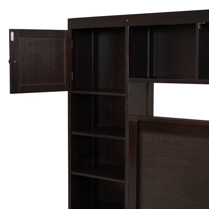 Espresso Full Size Modern Wooden Bed with Cabinet, Shelf, and Sockets