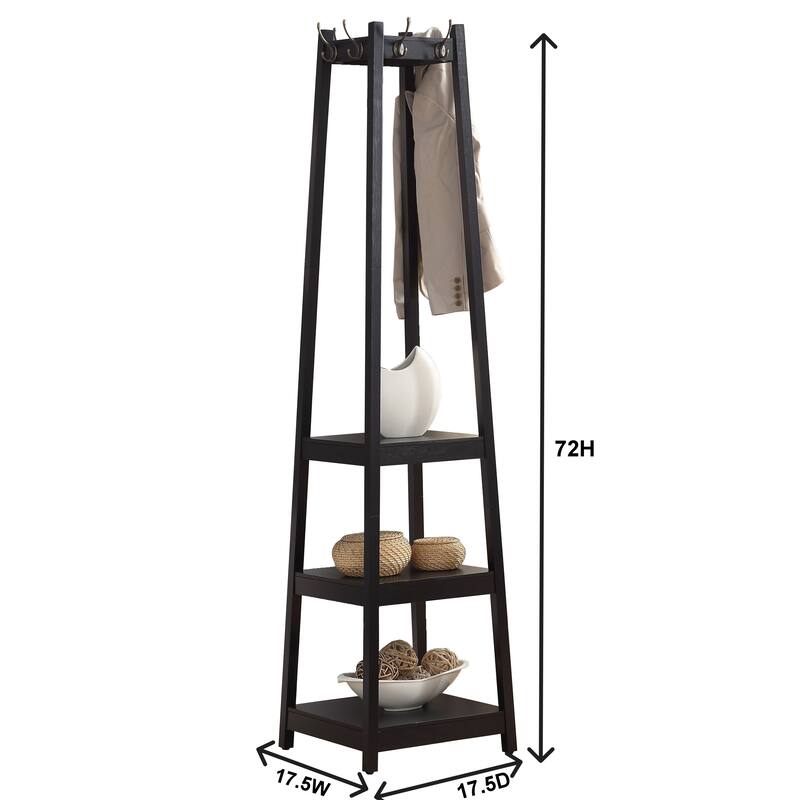 Coat Rack w/ 3-Tier Storage Shelves,17.5'' x 17.5'' x 72''H