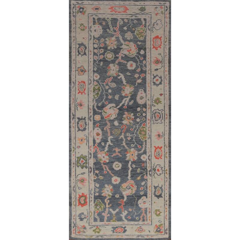 Hand Knotted Oriental 100% Wool Carpet Transitional Floral Navy Blue & Blues Oushak Runner Rug - 8' 10'' X 3' 0''