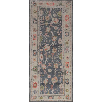 Hand Knotted Oriental 100% Wool Carpet Transitional Floral Navy Blue & Blues Oushak Runner Rug - 8' 10'' X 3' 0''