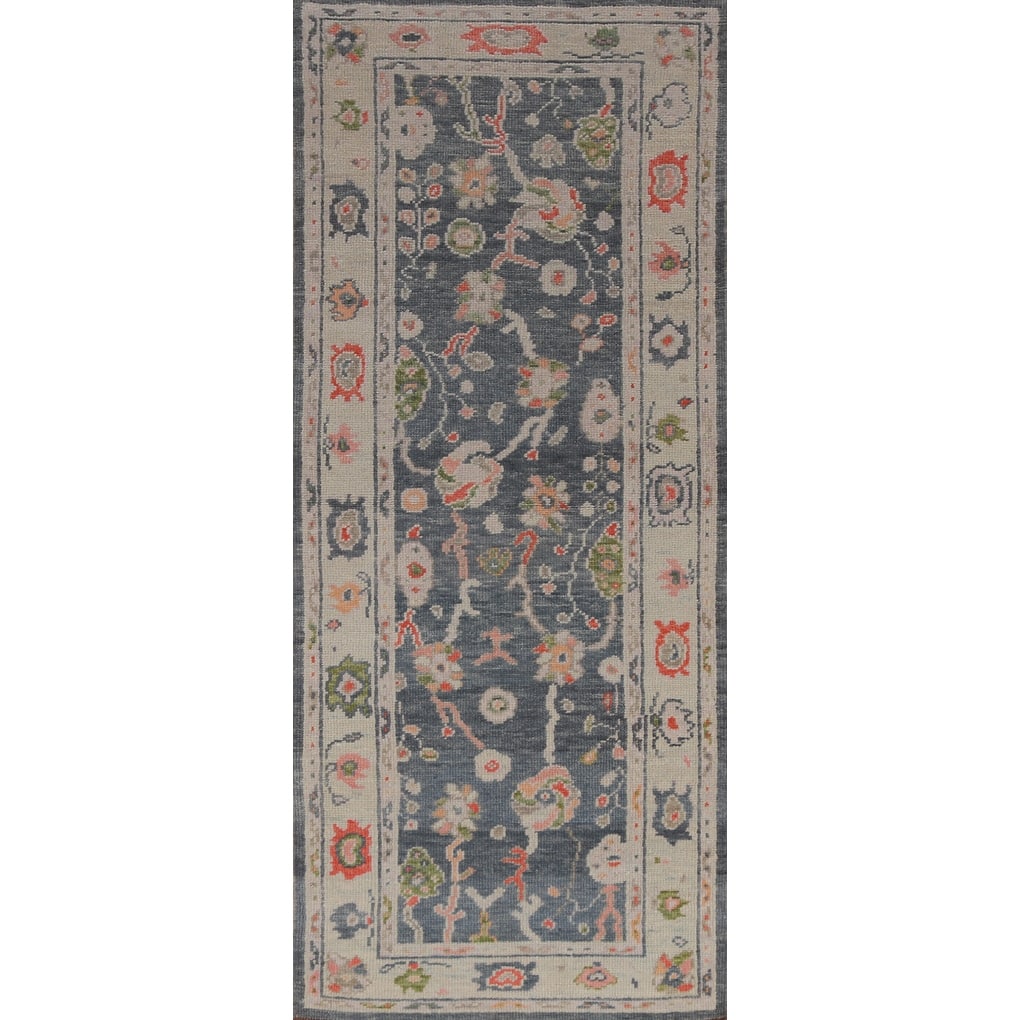 Hand Knotted Oriental 100% Wool Carpet Transitional Floral Navy Blue & Blues Oushak Runner Rug - 8' 10'' X 3' 0''