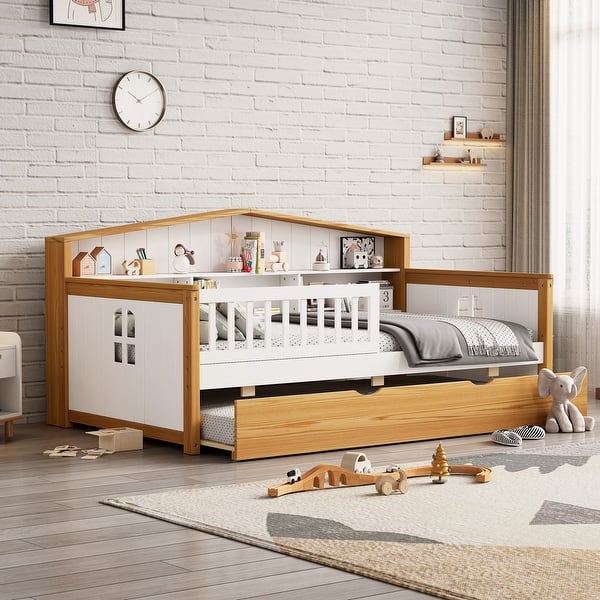 slide 2 of 9, White+Walnut Twin Size House Daybed with Trundle and Bookcase Headboard for Bedroom Twin - White+Walnut