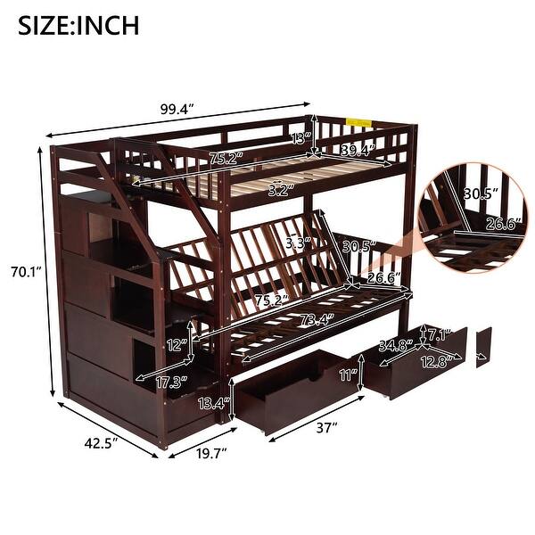Twin over Full Bunk Bed with Staircase Drawers, Guardrails, and Solid Wood Support