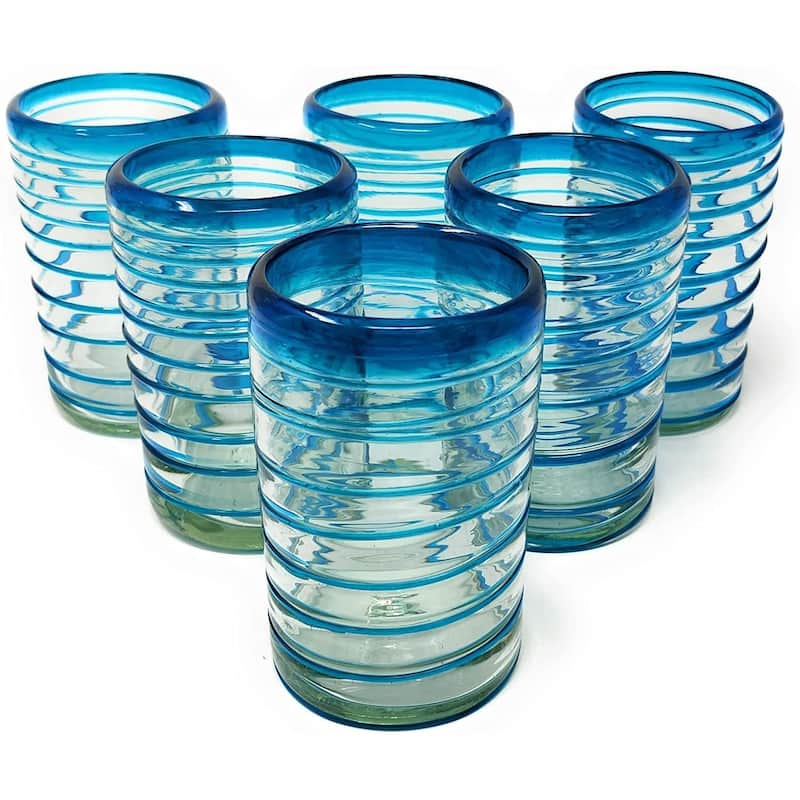 Dos Sueños Hand Blown Mexican Drinking Glasses - Set of 6 Glasses with an Aqua Spiral Design (14 oz each) - Aqua - Set of 6