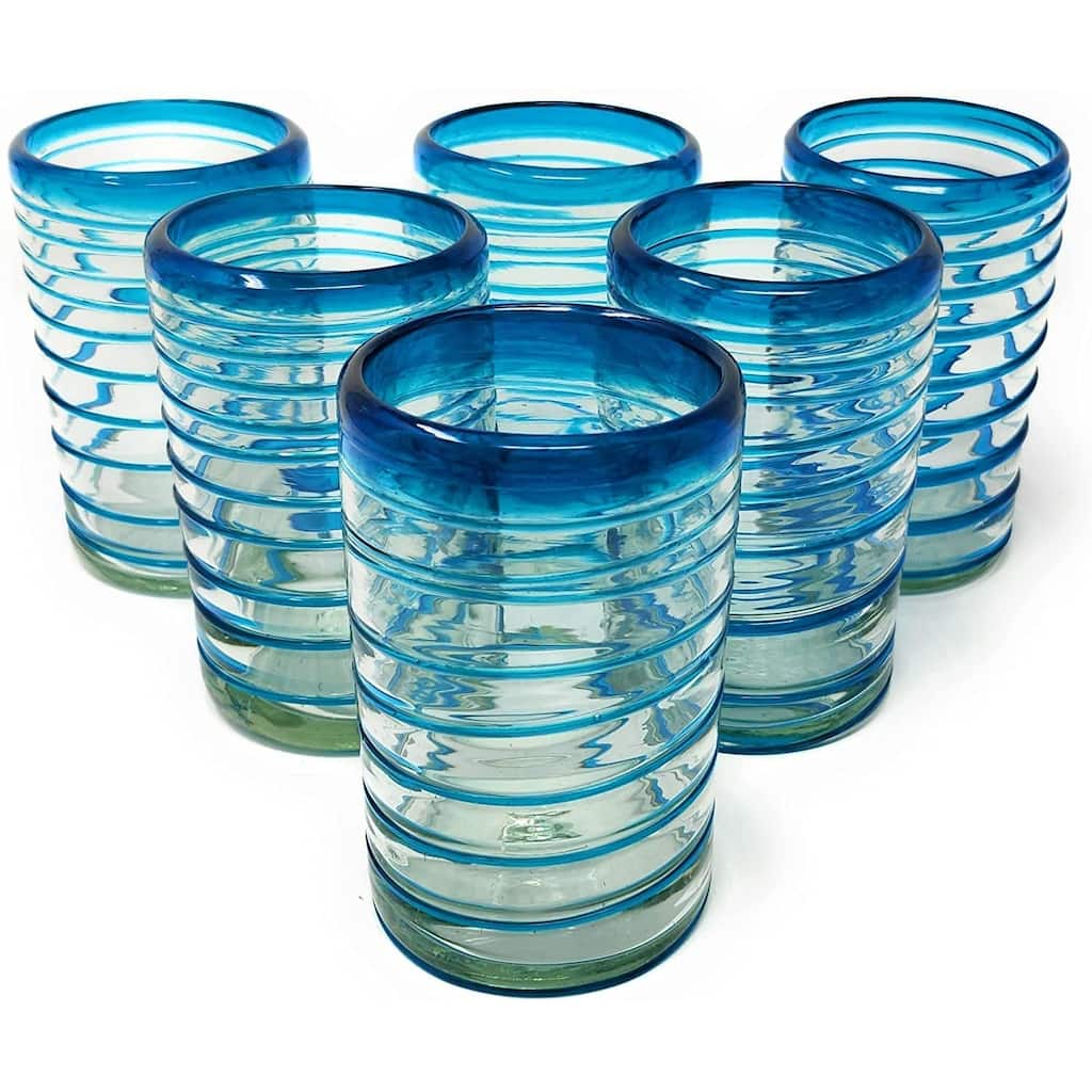 Dos Sueños Hand Blown Mexican Drinking Glasses - Set of 6 Glasses with an Aqua Spiral Design (14 oz each)