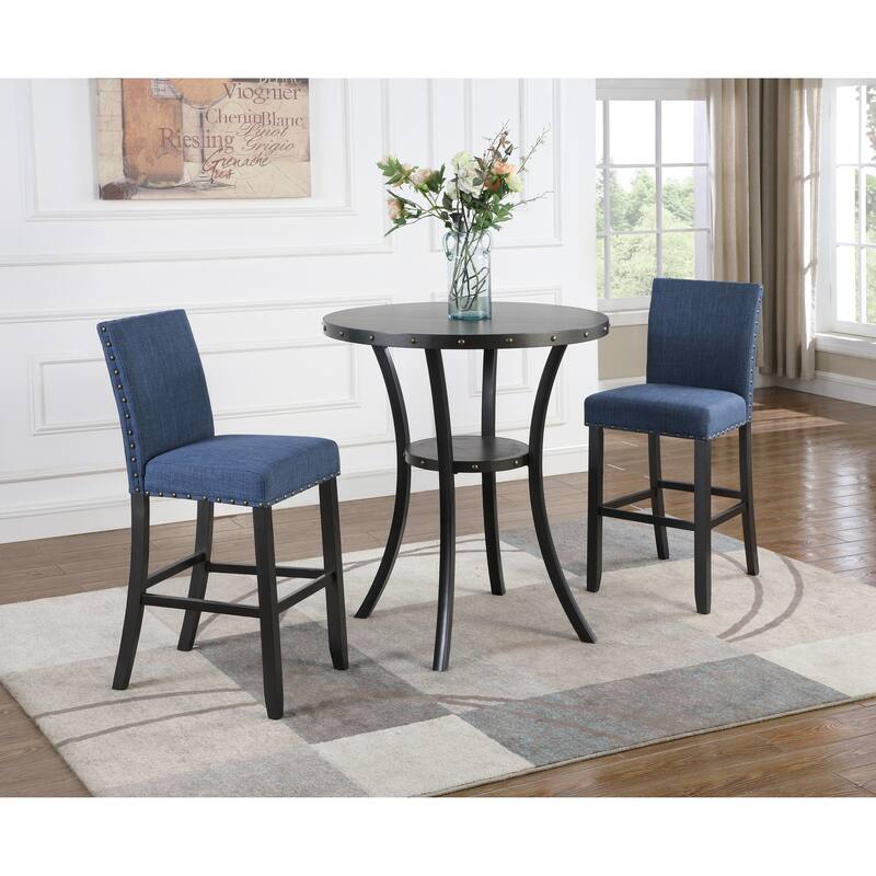 Blue Afternoon Tea Dining Table Set Cafe Dining Table Set 36" Round Bar Table with 2 Nail Head Pub Chairs and Metal Legs