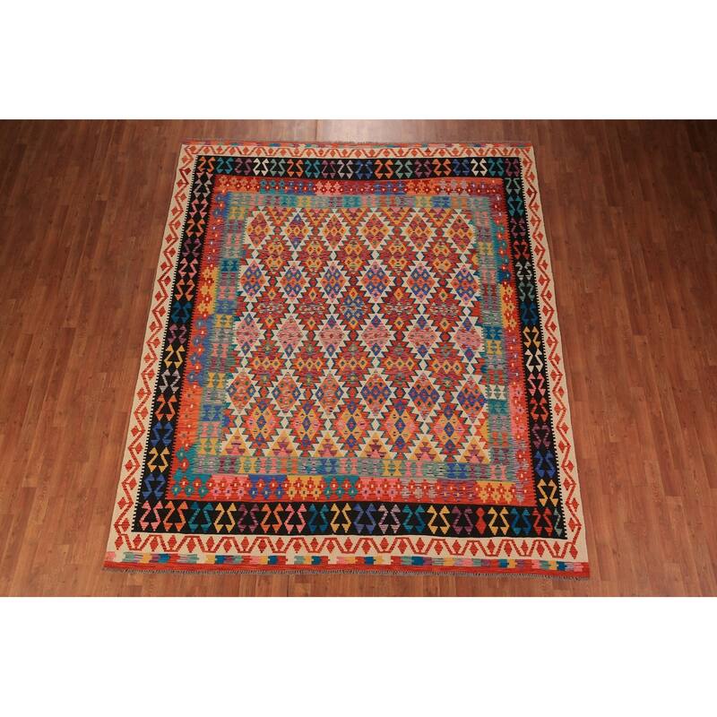Reversible Kilim Area Rug Bedroom Hand-Woven Wool Carpet - 8'5" x 9'10"