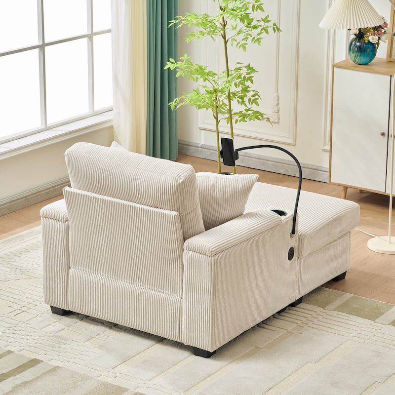 55" Oversized Chaise Lounge Chair Indoor With Ottoman And Storage,With Cup Holder,Mobile Phone Stand&Usb Charging Port