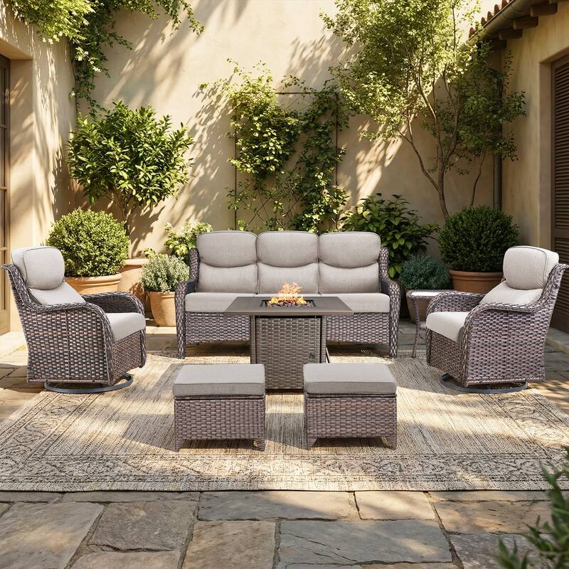 Pocassy Outdoor Propane Fire Table with Sofa Swivel Chair Ottoman Funiture Set. - Brown Wicker Beige Cushion - 7-Piece Sofa Swivel Chair Ottoman w/ Fie Table