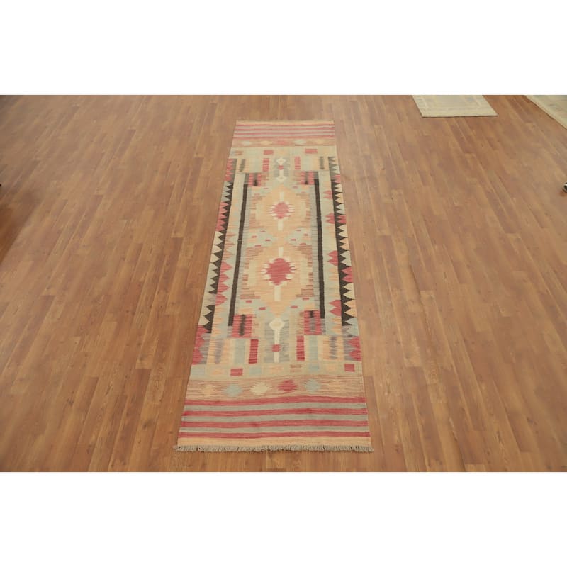Hand Woven Oriental 100% Wool Carpet Southwestern Tribal Multi-Colored Kilim Runner Rug - 9' 9'' X 2' 9''