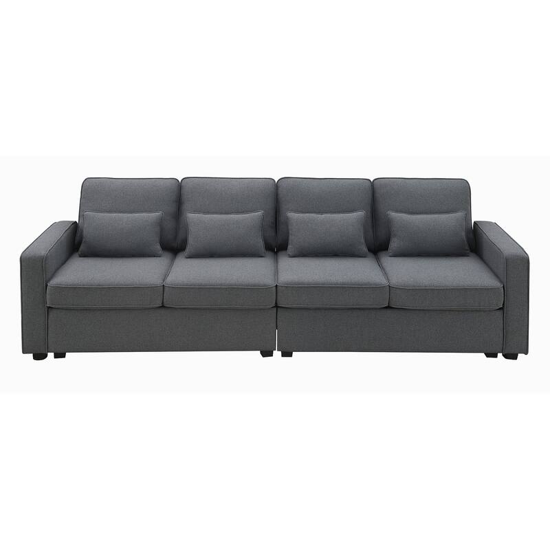 4-Seater Linen Fabric Sofa with Armrest Pockets and 4 Pillows
