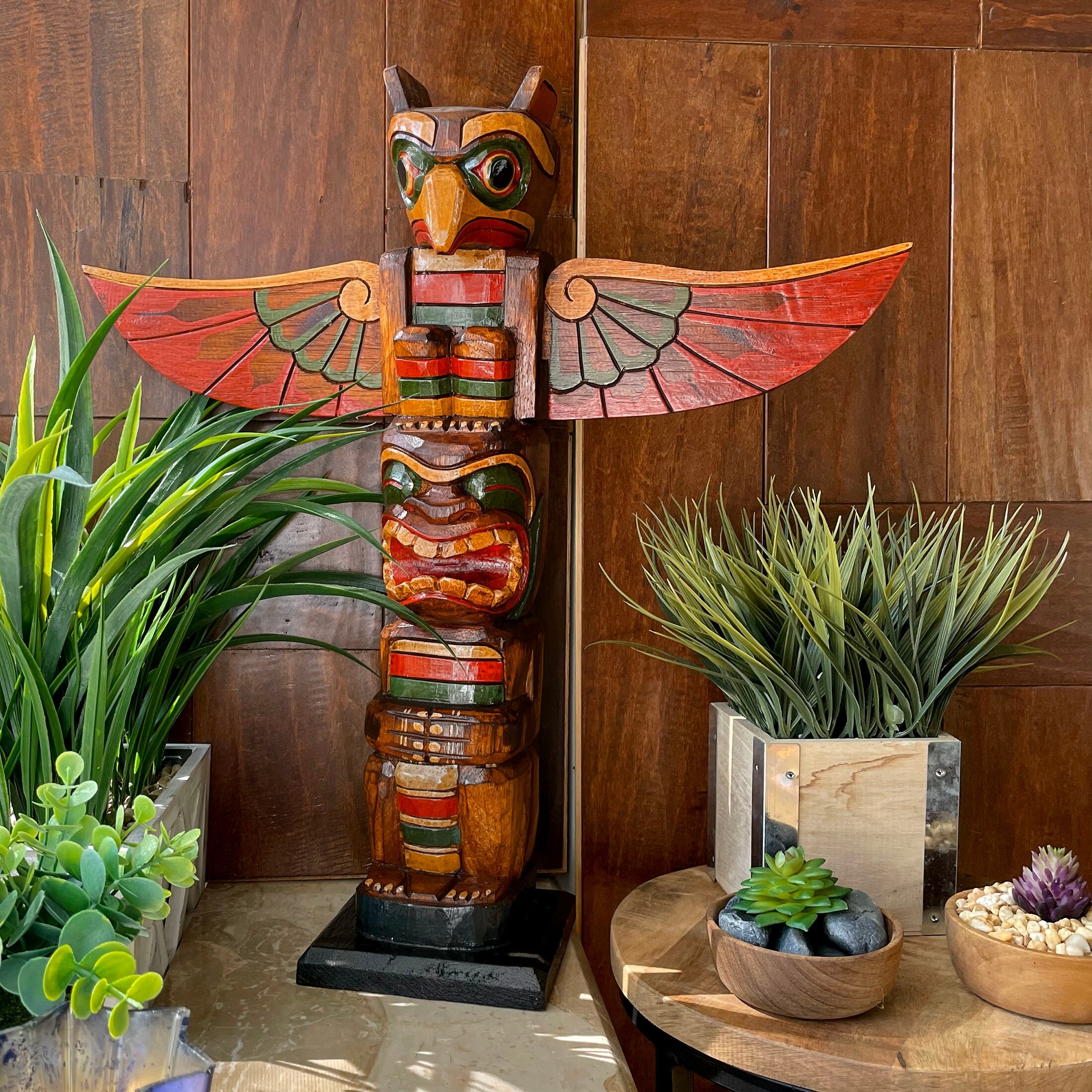 20 Inch Tall Northwest Coast Style Wooden Totem Pole Dark
