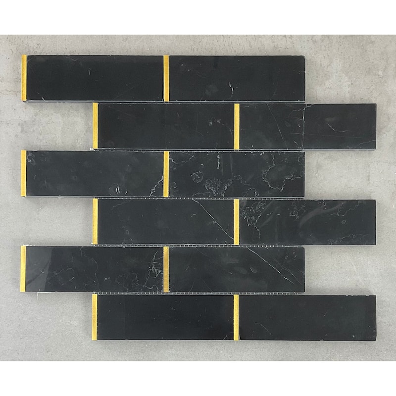 Nero Marquina and Gold Metal Brick Marble Wall and Floor Mosaic - Case (10 Sheets)