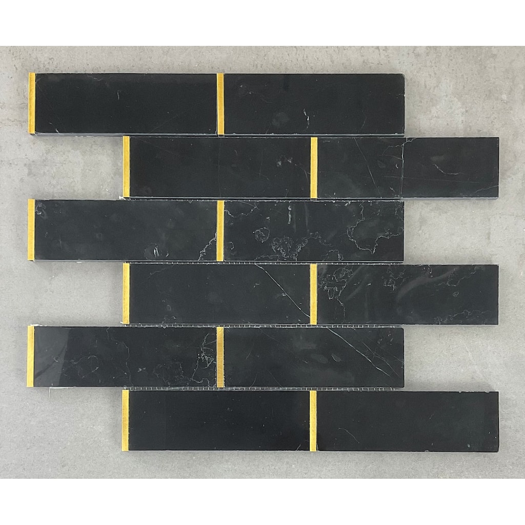 Nero Marquina and Gold Metal Brick Marble Wall and Floor Mosaic - Case (10 Sheets)