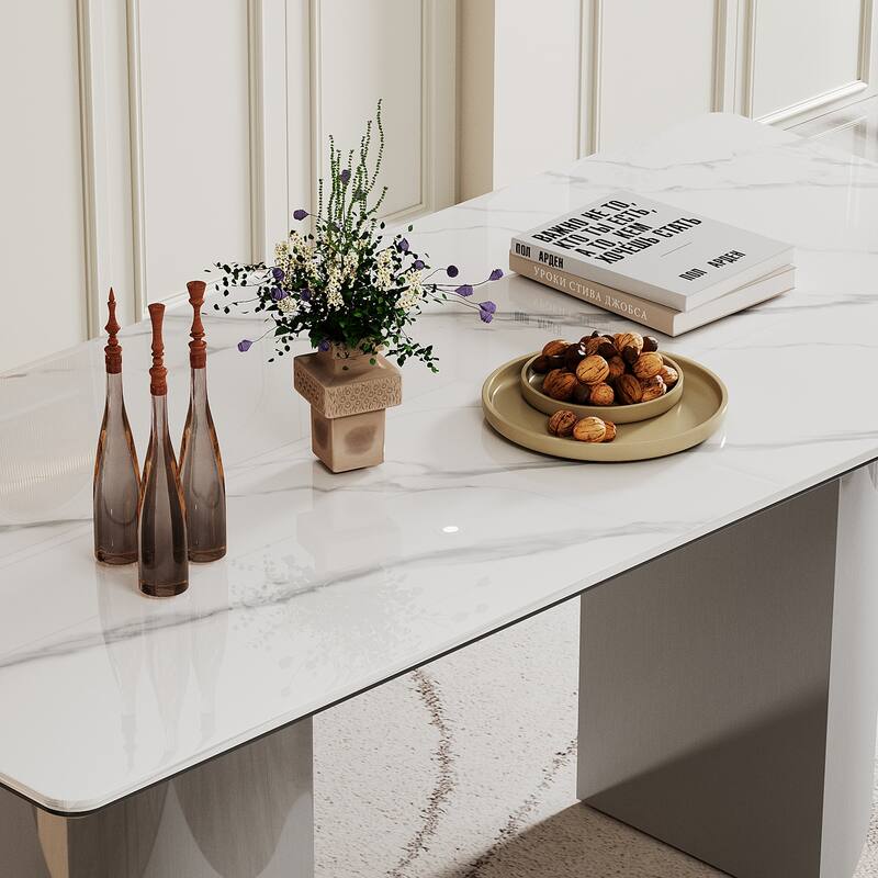 0.47" Thick Sintered Stone Composite Tempered Glass Top Dining Table with Stainless Steel Base