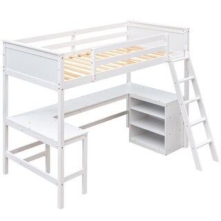 Wood Twin Loft Bed with Desk & Shelves - Compact & Functional Design