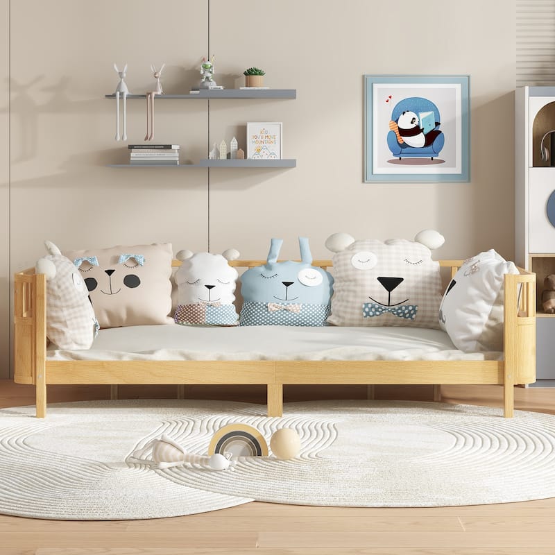 Multi Size Low Platform Bed for Kids with Rounded Corners Guardrails, Detachable Right-side Fence and Open Left-side Design