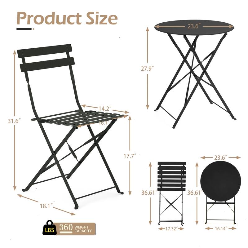 Outdoor 3-Piece Bistro Set, Foldable Patio Dining Sets, Rust-Resistant, Lightweight, Easy to Clean, for Balcony, Garden, Pool